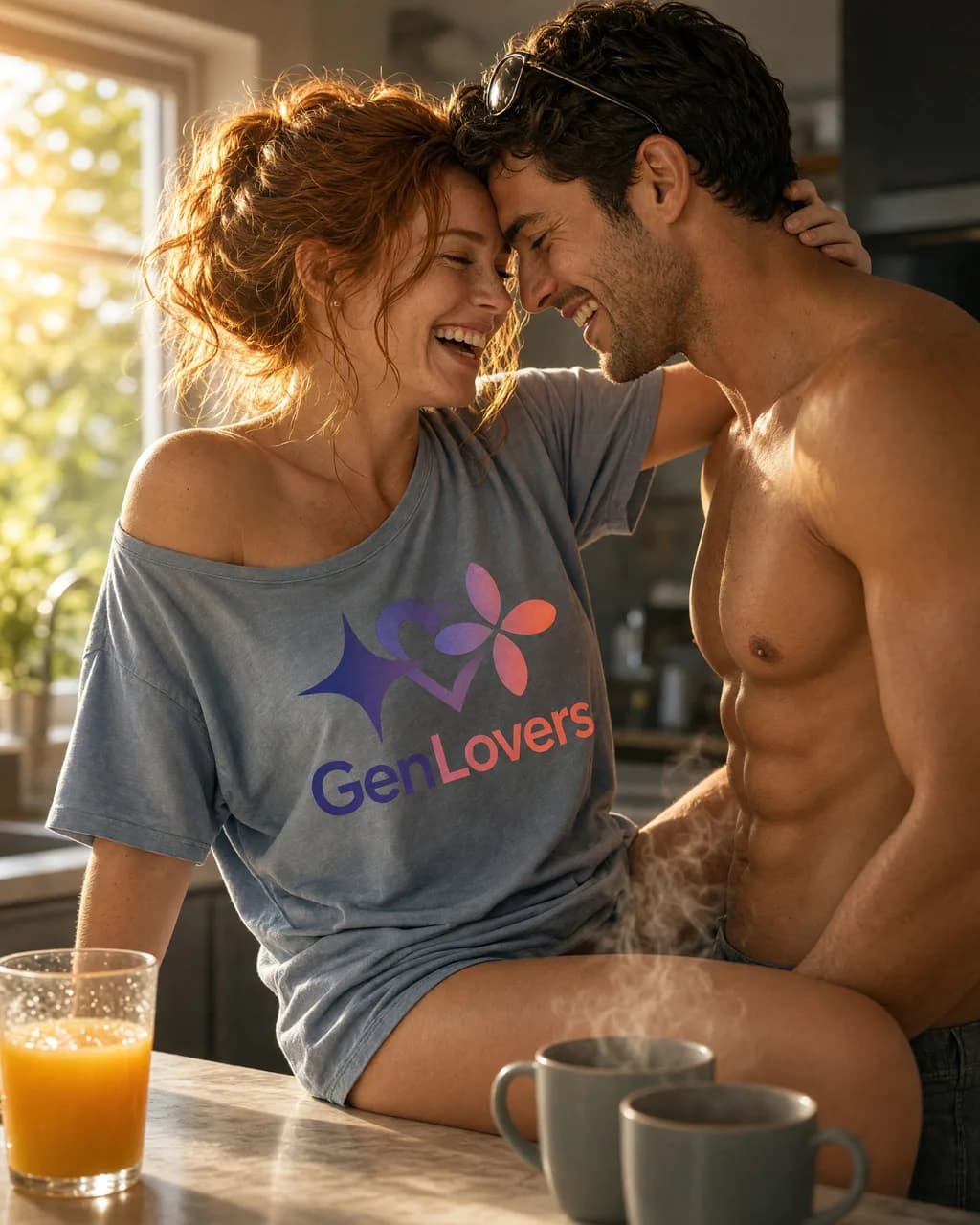 Grok Imagine output: a red-haired woman in a grey GenLovers-branded t-shirt slipping off one shoulder and a shirtless man laughing forehead-to-forehead in a sunlit kitchen, orange juice and two steaming mugs on the counter.
