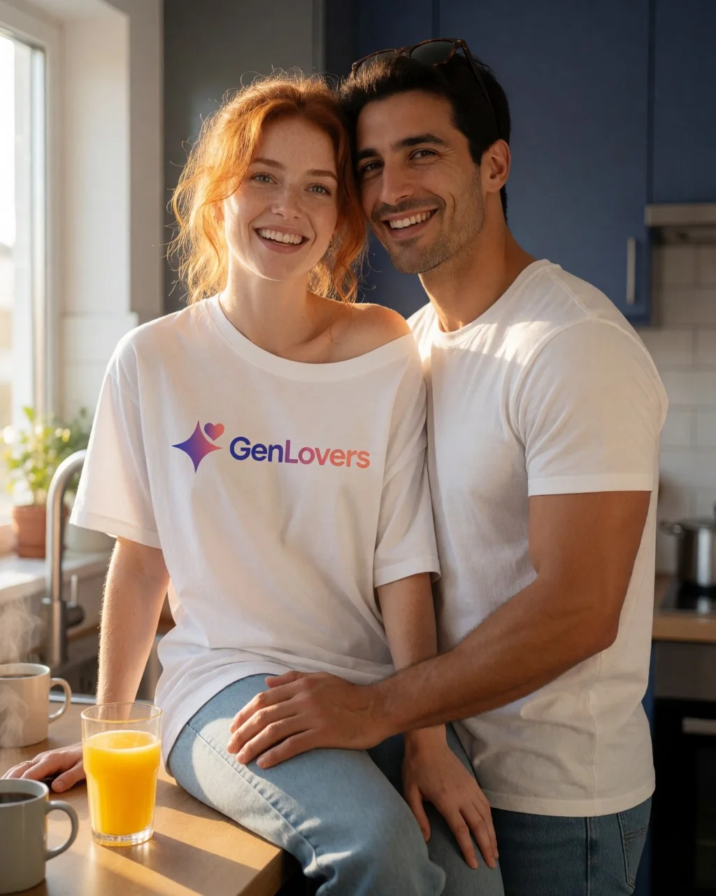 Krea 2 output: a red-haired woman in a white GenLovers-branded t-shirt sitting on a kitchen counter beside a smiling man in a white t-shirt, lit by morning light through a window.