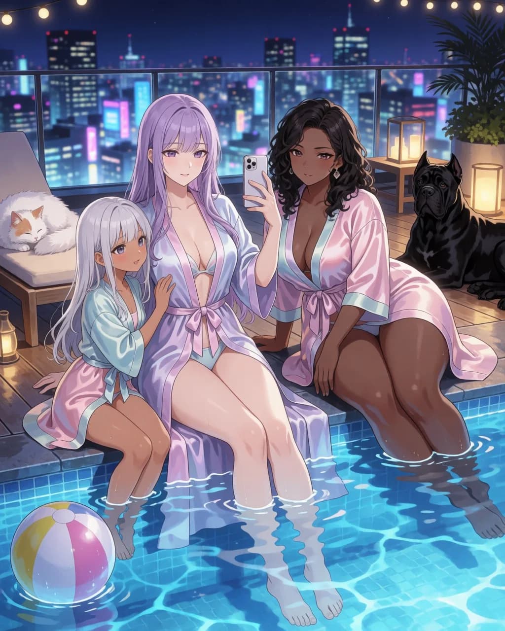 Krea 2 output in anime style: three women in pastel robes at the edge of a rooftop pool at night, a white cat on a lounger and a black dog nearby, neon city skyline behind.