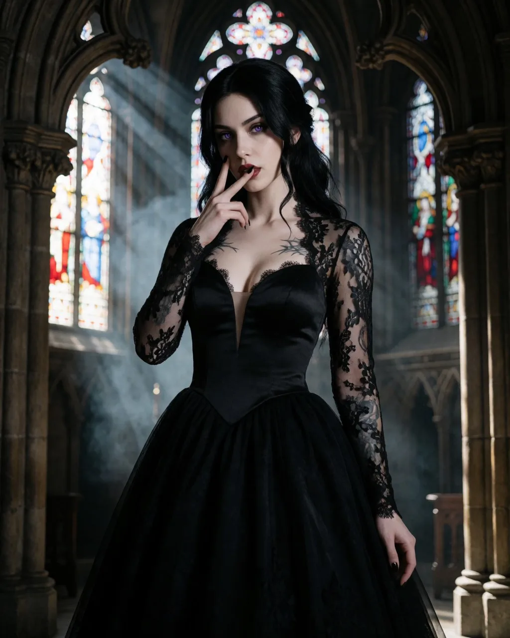 Krea 2 output: a pale gothic bride with black hair in a lace wedding dress standing in a cathedral, one finger pulling her lip, purple eyes, a chest tattoo reading GenLovers.