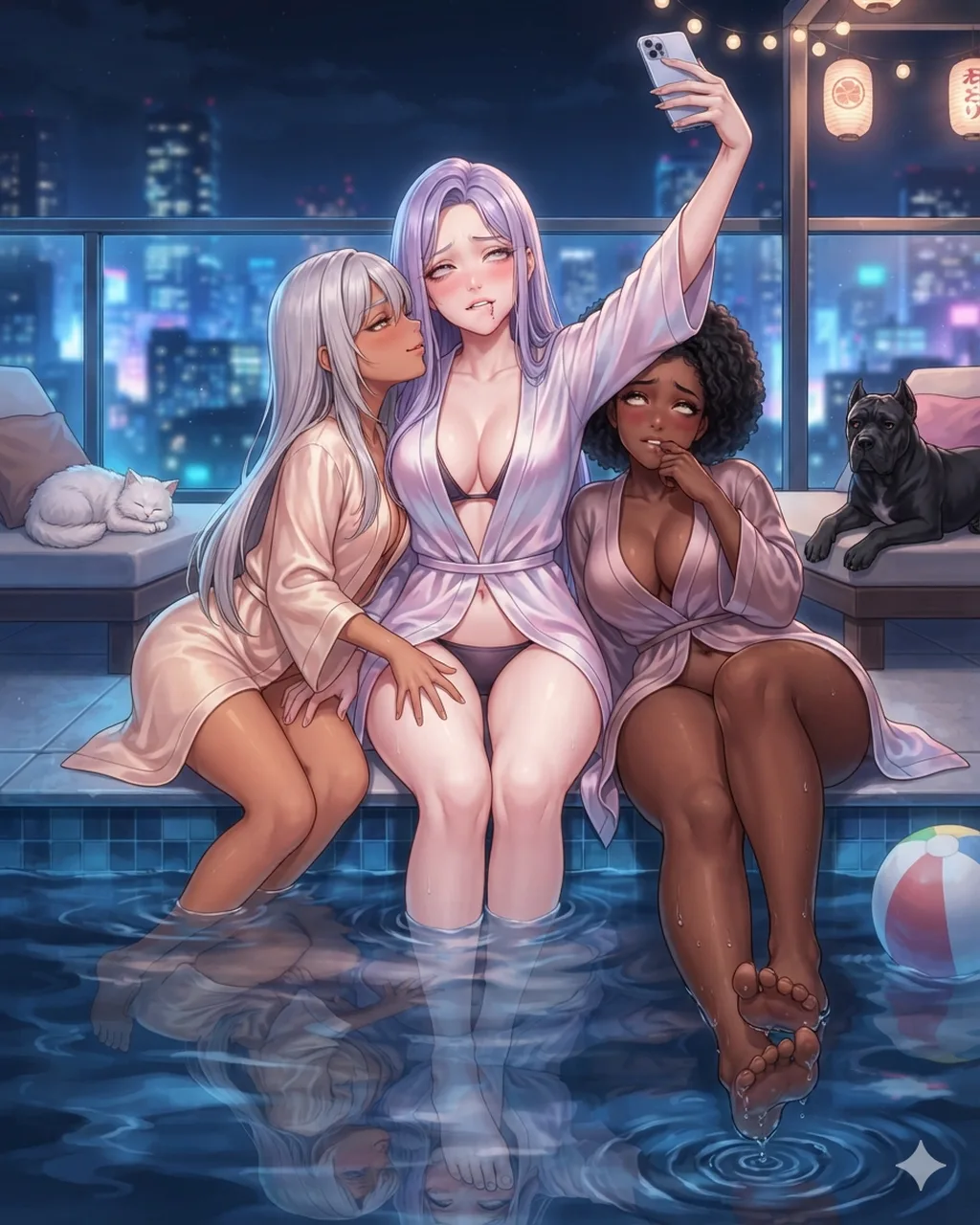 Nano Banana output in anime style: three women in pastel robes at the edge of a rooftop pool at night, one hand on an inner thigh and a cheek kiss, a white cat and a dark dog nearby.