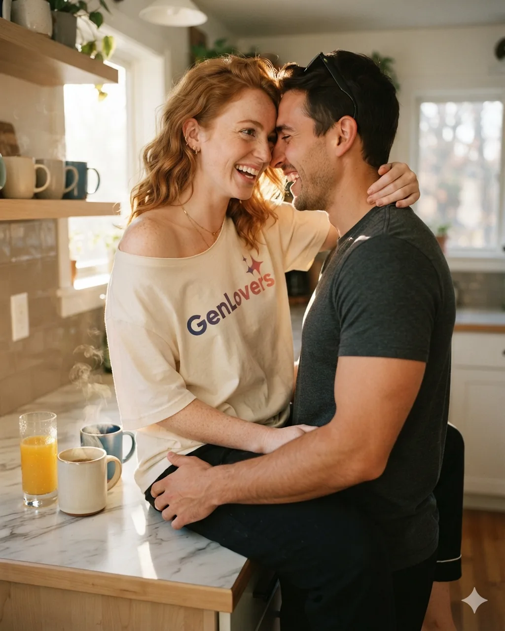 Nano Banana output: a red-haired woman in a GenLovers-branded t-shirt and a man in a t-shirt laughing forehead-to-forehead in a kitchen, orange juice and coffee on the counter.