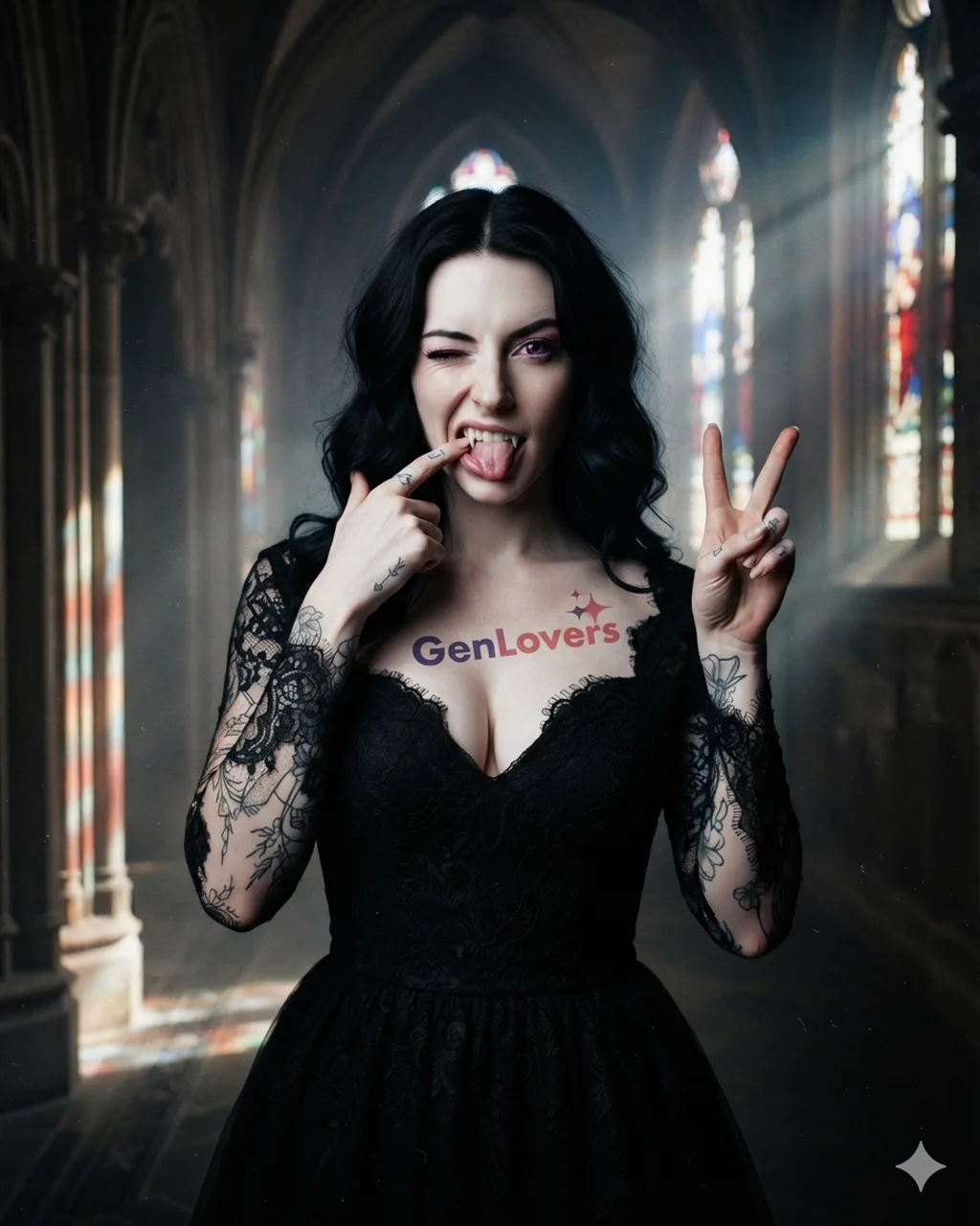 Nano Banana output: a pale gothic bride with black hair in a lace wedding dress, one hand pulling her lip to show fangs, the other in a peace sign, purple eyes, a chest tattoo reading GenLovers.
