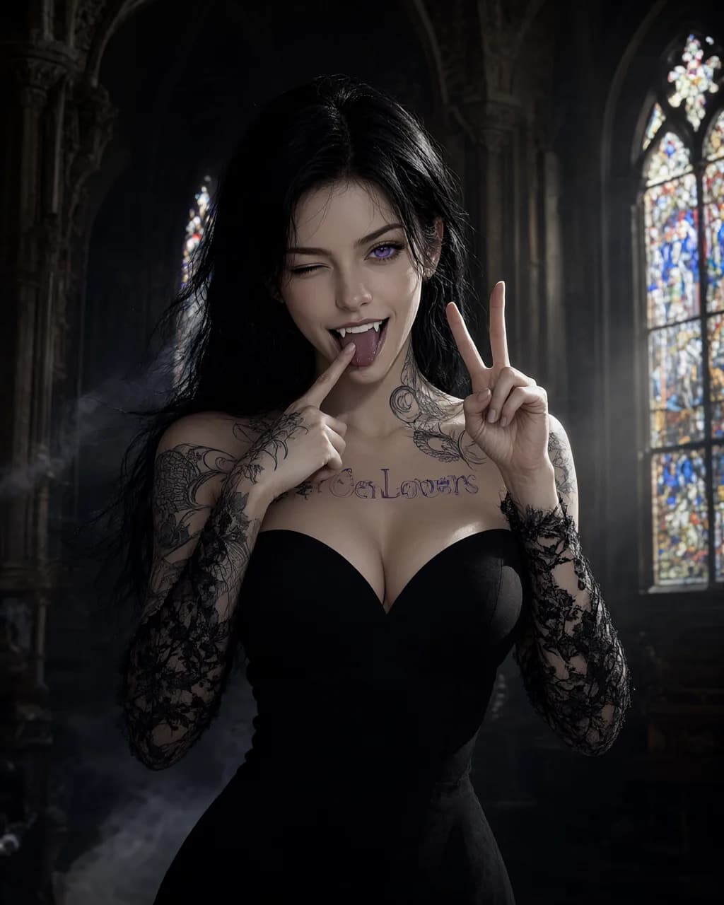 Qwen-Image-2.1 output: a pale gothic woman with black hair, purple eyes, and a chest tattoo, one hand pulling her lip to show fangs, the other in a peace sign.