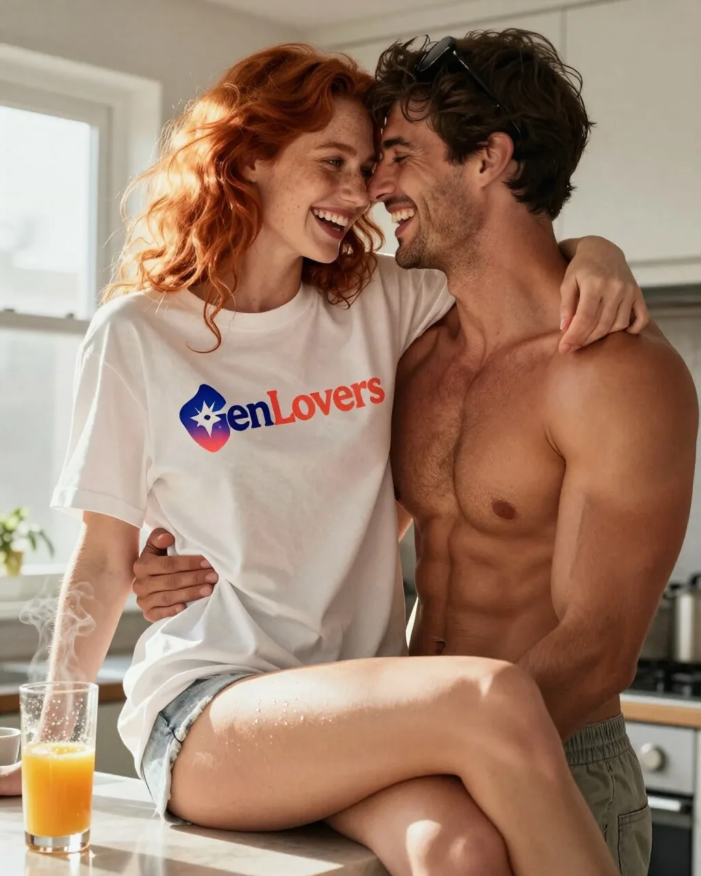 Z-Image Turbo output: a red-haired woman in a GenLovers-branded t-shirt and a man laughing forehead-to-forehead in a kitchen, orange juice and coffee on the counter.