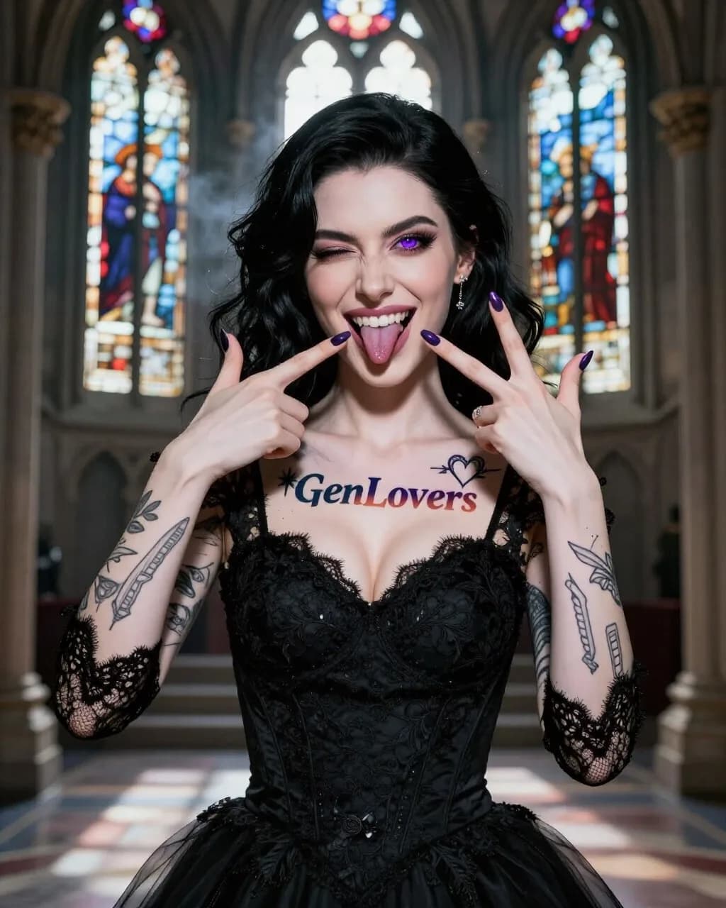 Z-Image Turbo output: a pale gothic bride with black hair in a lace wedding dress, one hand pulling her lip to show fangs, the other in a peace sign, purple eyes, a chest tattoo reading GenLovers.