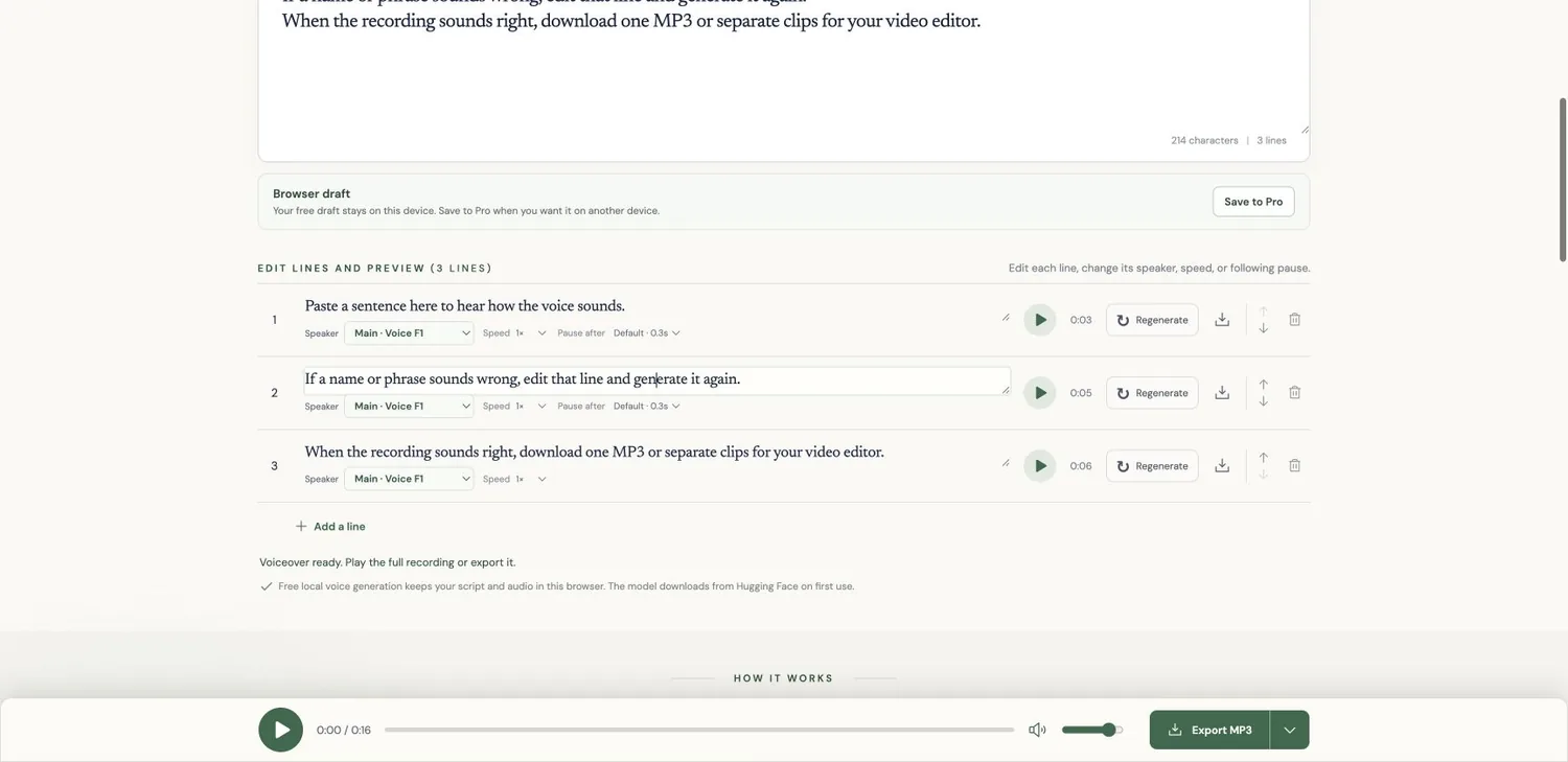 Three generated English lines with individual playback, regeneration, and download controls.