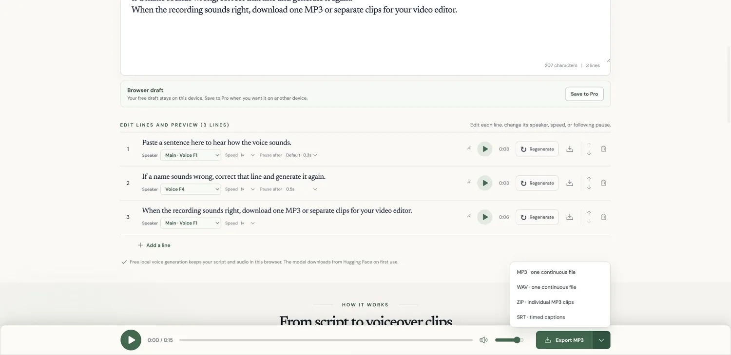 The live export menu showing continuous MP3, WAV, individual MP3 clips in ZIP, and SRT captions.