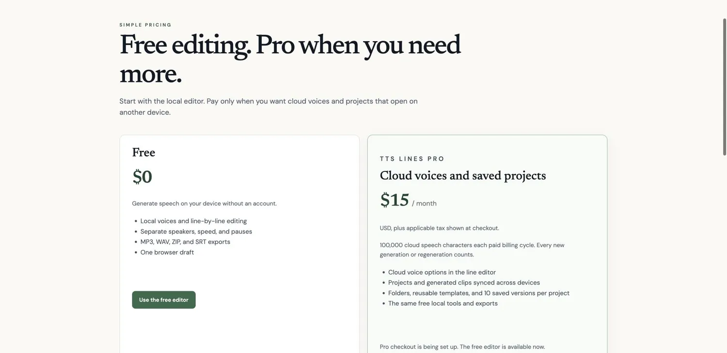 The pricing page showing the free editor, announced Pro price and allowance, and the unavailable-checkout notice.