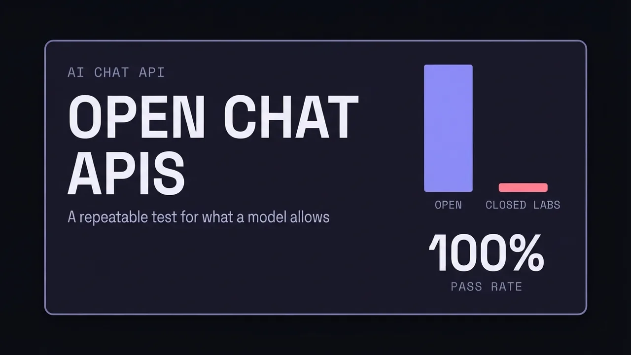 A card for the open AI chat API guide, showing a permissive model passing a hardcore prompt set at 100 percent beside a near-zero bar for mainstream closed-lab models.