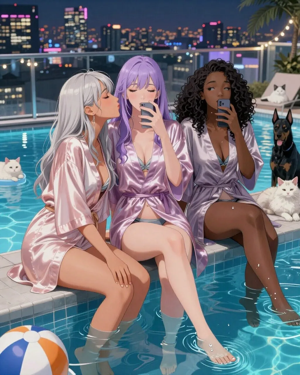 Z-Image Turbo output in anime style: three women in pastel satin robes at the edge of a lit rooftop pool at night, with a white cat and two dark dogs nearby and a neon skyline behind them.