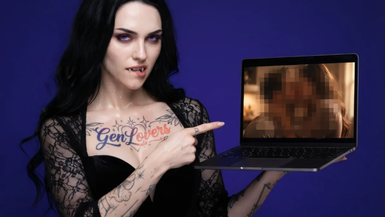 The GenLovers mascot pointing at a laptop screen showing a blurred, pixelated clip, illustrating a finished AI-generated adult video.