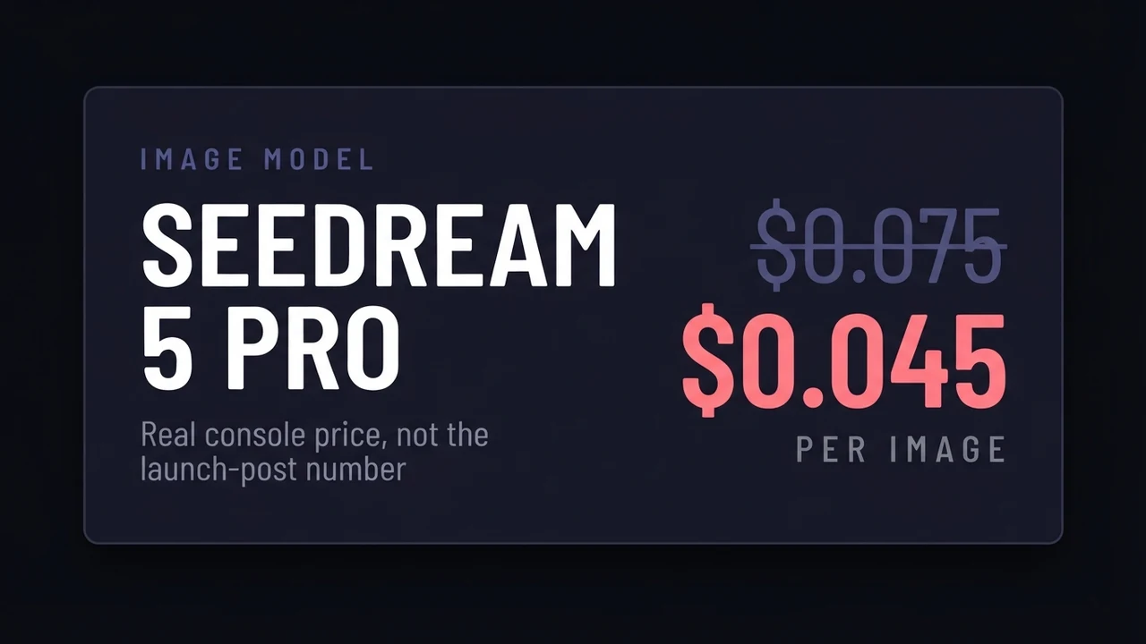 Une carte pour le guide Seedream 5 Pro, montrant le prix annoncé de $0.075 barré à côté du vrai prix de la console, $0.045 par image.