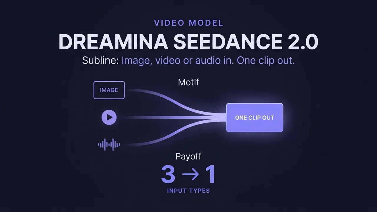 A card for the Dreamina Seedance 2.0 guide, showing image, video and audio references converging into one output clip.