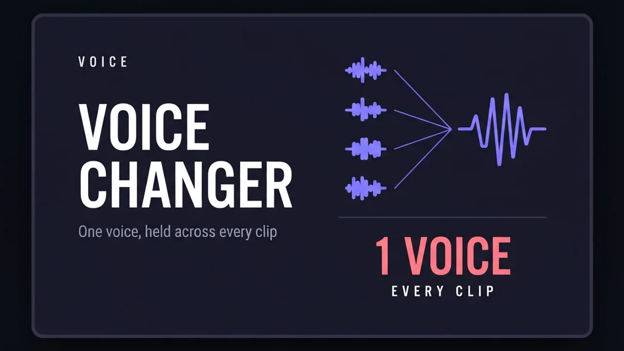 A card for the ElevenLabs Voice Changer guide, showing several different waveforms converging into one consistent output waveform, representing one voice held across every clip.