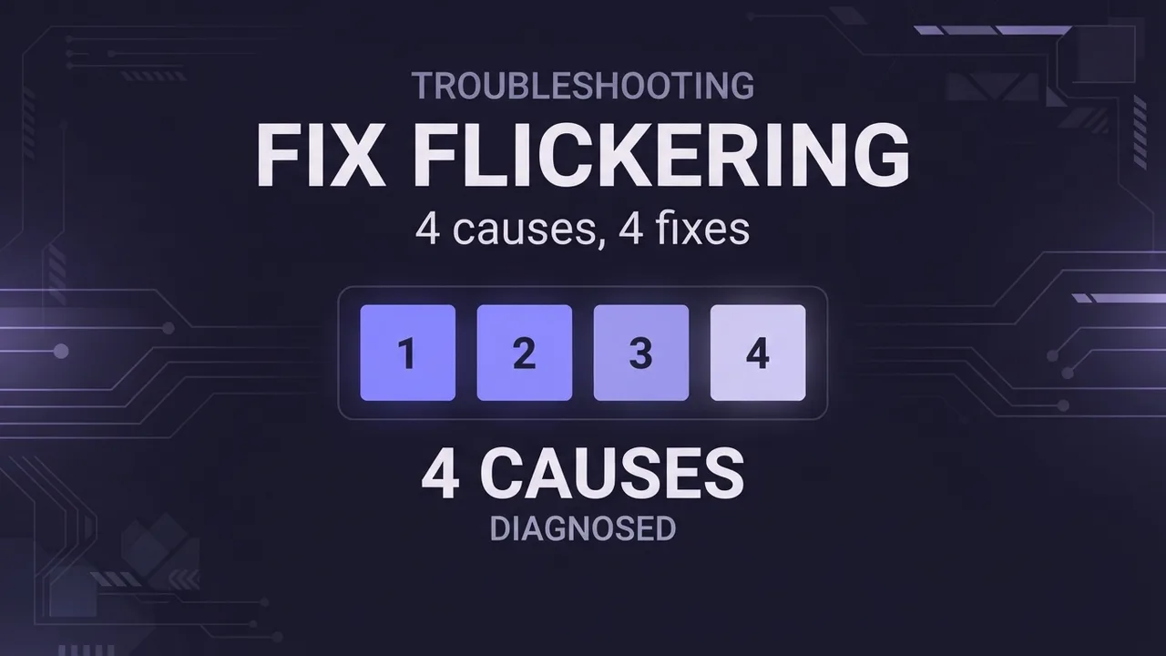 A card for the flickering AI video guide, showing four numbered squares representing the four diagnosed causes.