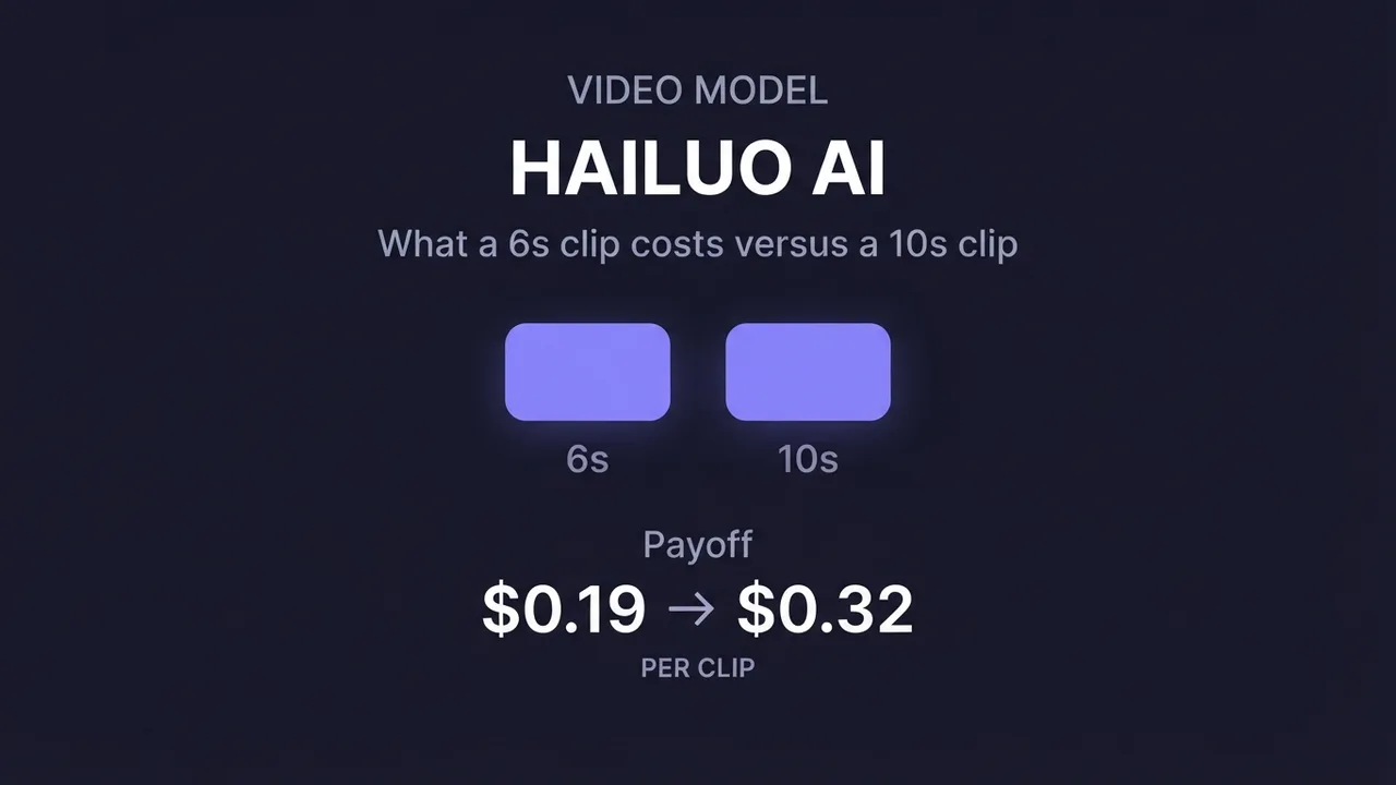 A card for the Hailuo AI cost guide, showing a six-second clip at $0.19 versus a ten-second clip at $0.32.