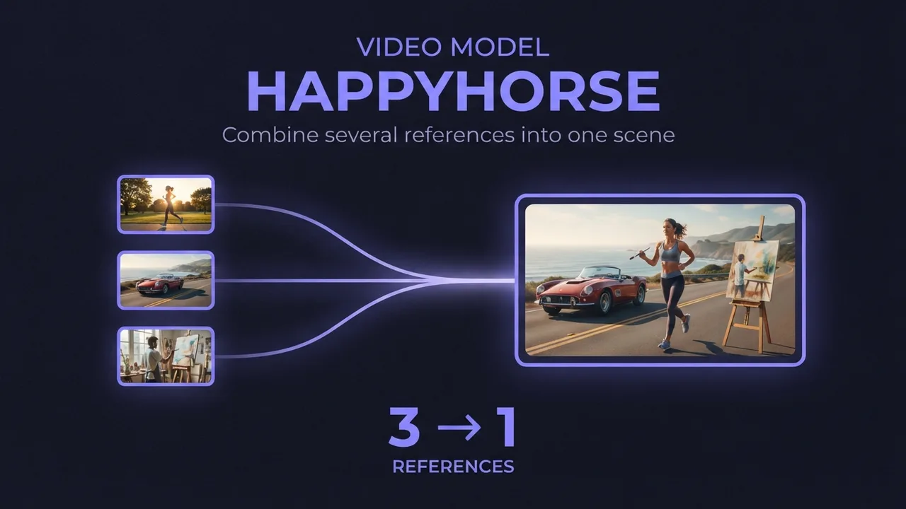 A card for the HappyHorse reference-to-video guide, showing three reference images converging into one output clip.