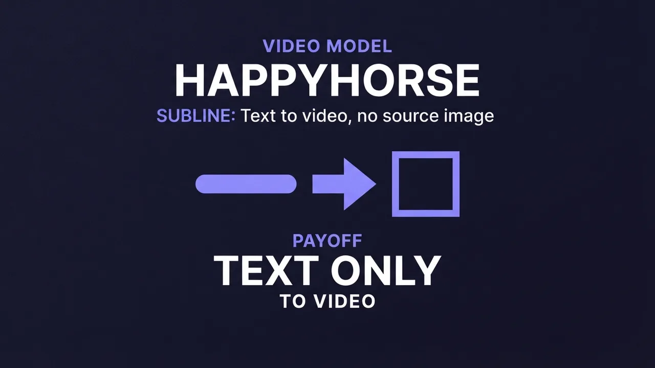 A card for the HappyHorse text-to-video guide, showing a line of text becoming a single output video frame.