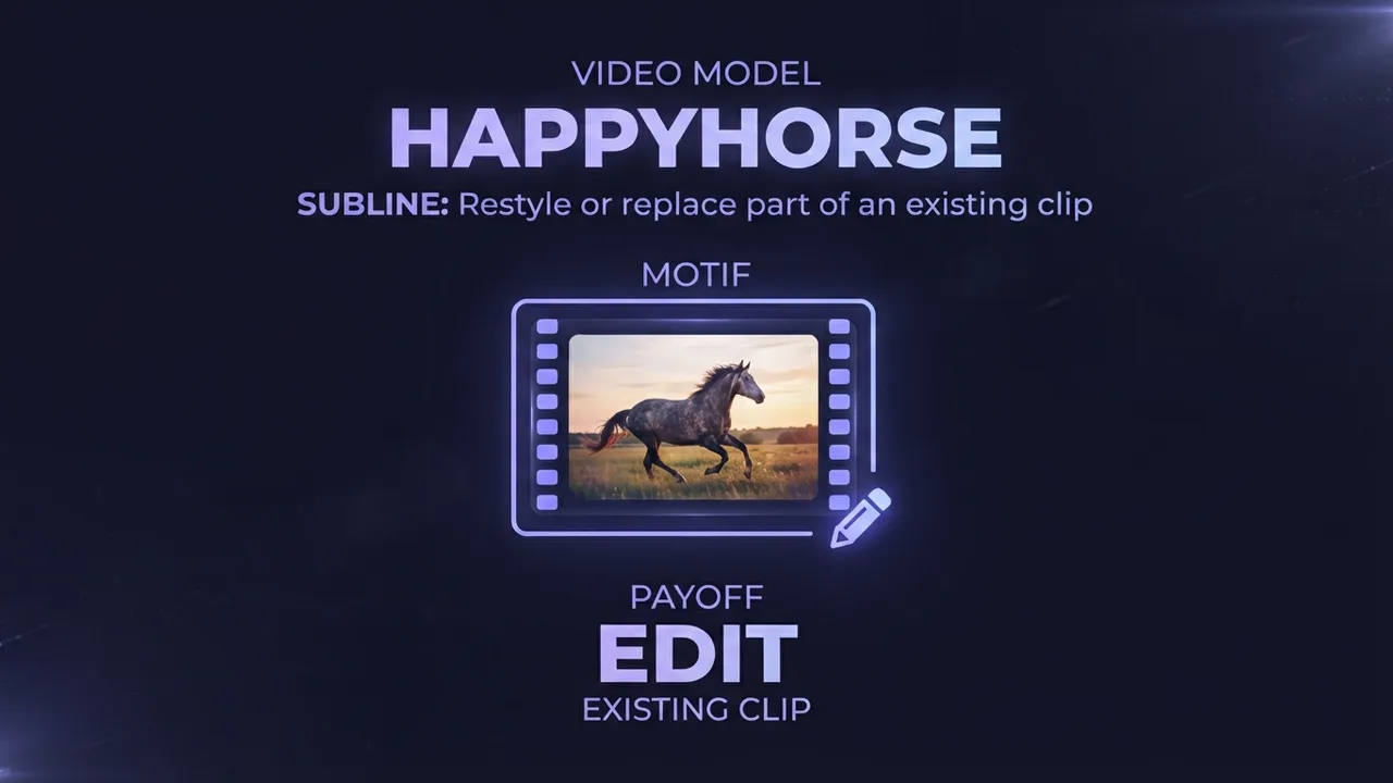 A card for the HappyHorse video editing guide, showing a video frame with a small edit mark.