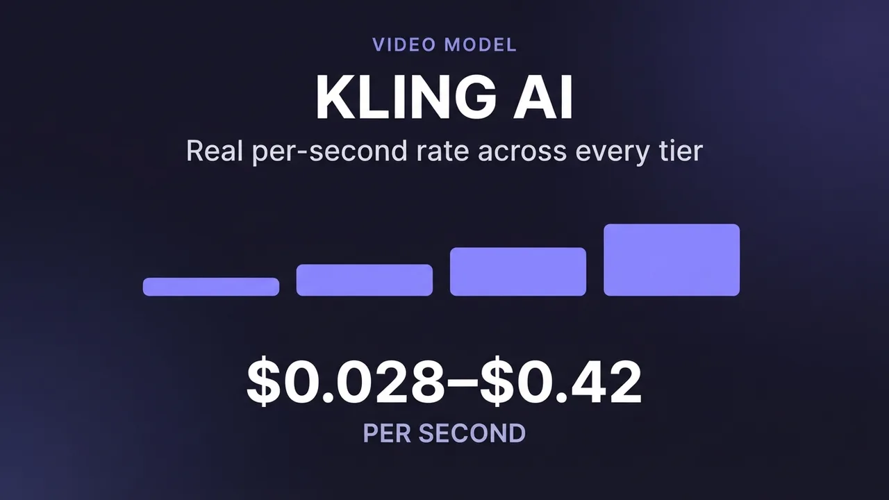A card for the Kling AI cost guide, showing the per-second price range from $0.028 to $0.42 across its model tiers.