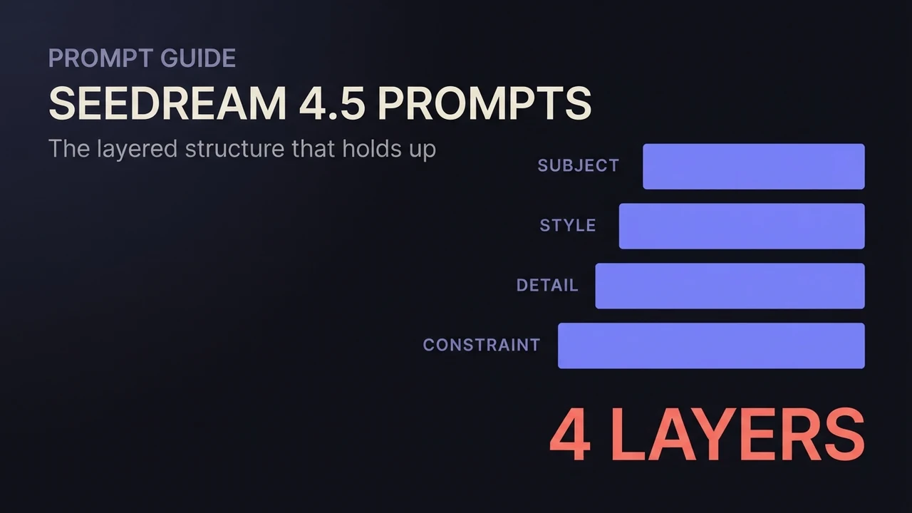 Une carte pour le guide de prompts Seedream 4.5, montrant quatre barres empilées intitulées « subject », « style », « detail » et « constraint ».