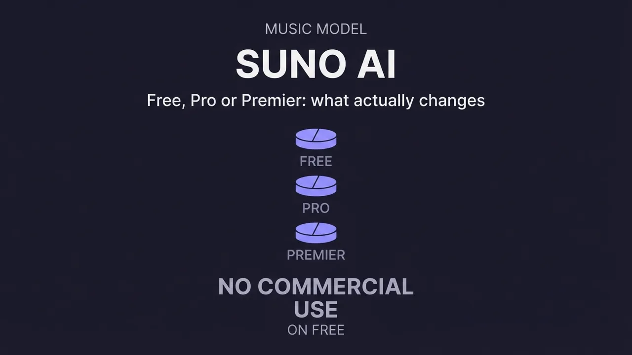 Una tarjeta para la guía de costes de Suno AI que destaca que el plan gratuito no incluye licencia de uso comercial.