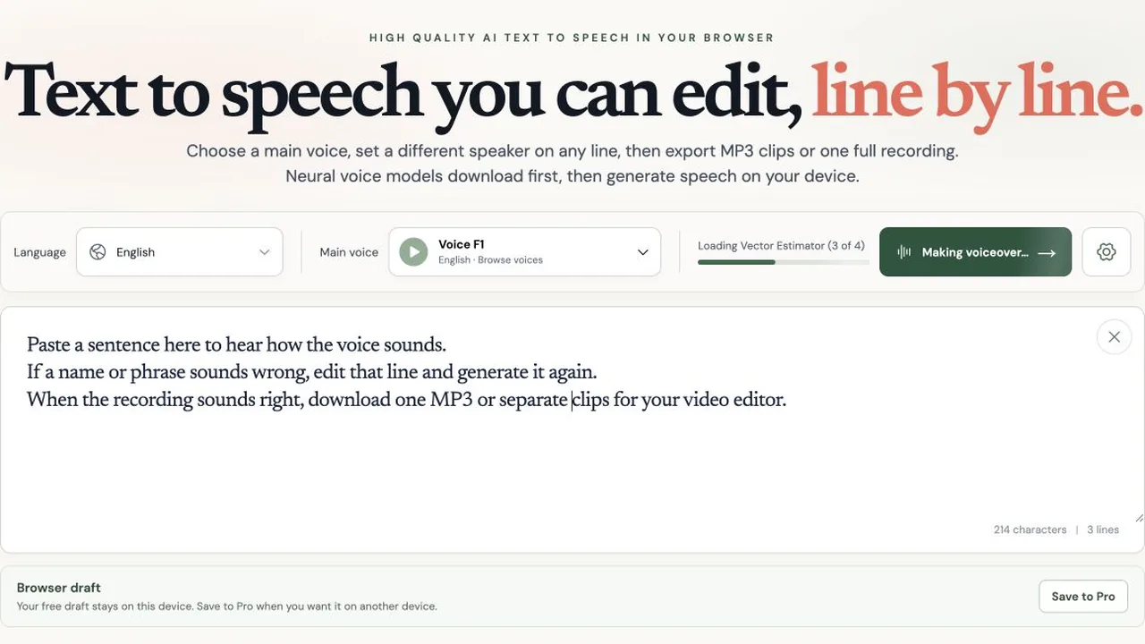 The TTS Lines free editor with the headline "Text to speech you can edit, line by line", the language and voice controls, and a three-line script while the voice model loads.
