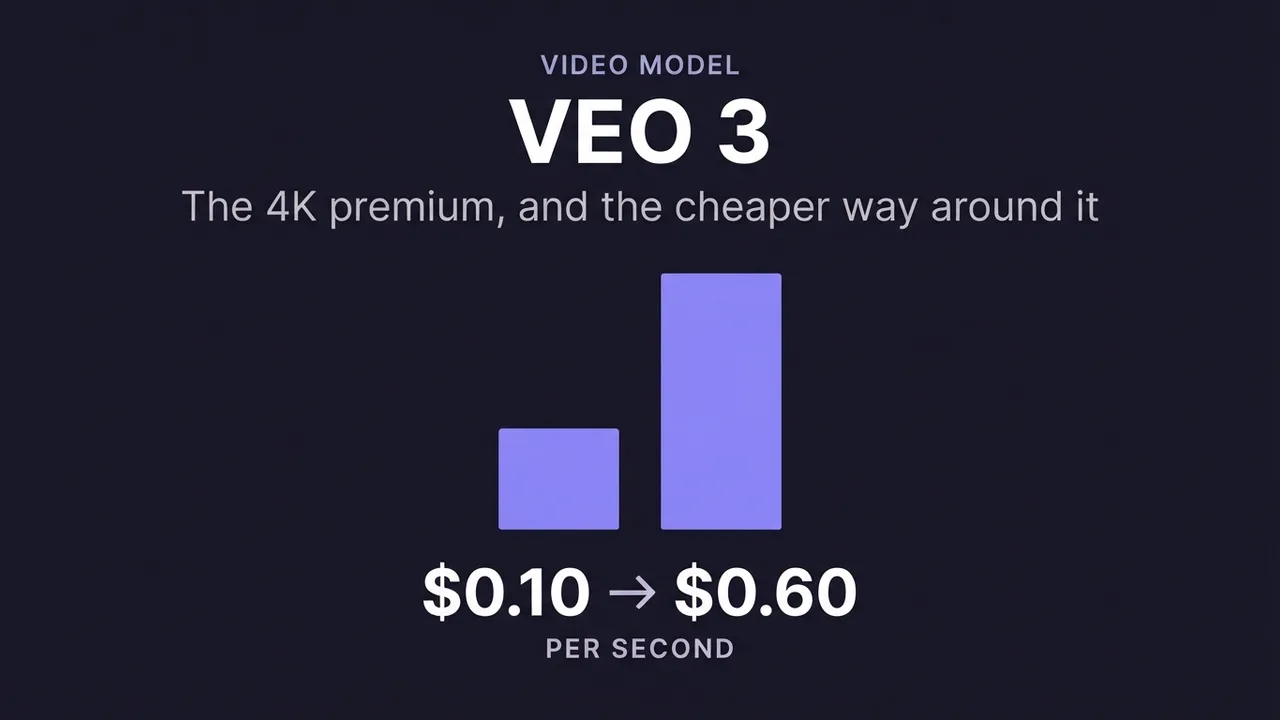 A card for the Veo 3 cost guide, showing the per-second price ranging from $0.10 on the fast tier to $0.60 for 4K.