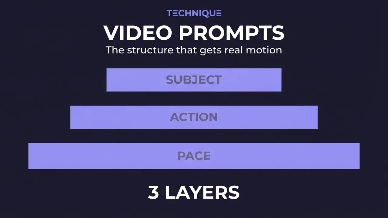 A card for the video prompts guide, showing three stacked bars labelled subject, action and pace.