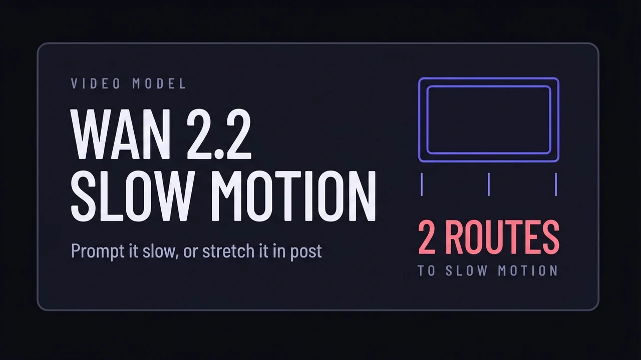 A card for the Wan 2.2 slow-motion guide, showing ticks beneath a frame representing stretched time, with two routes to get there.