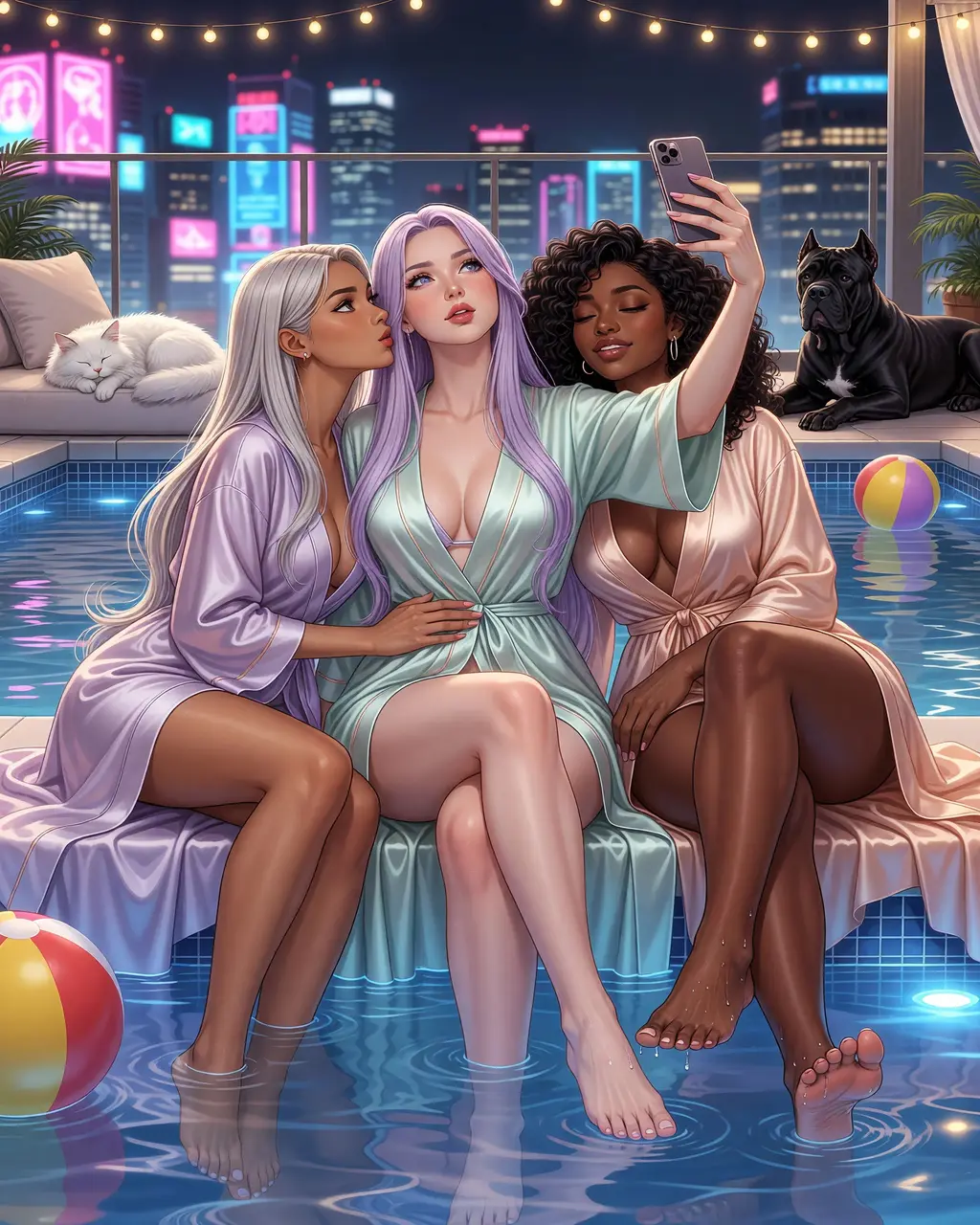 Grok Imagine output in anime style: three women in pastel silk robes seated at the edge of a rooftop pool at night with a neon skyline behind them, one taking a selfie, a white cat asleep on a lounger and a black Cane Corso nearby, beach balls in the water.