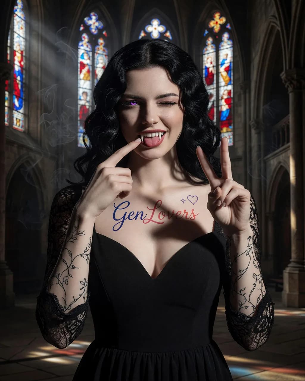 Grok Imagine output: a pale gothic bride with black wavy hair in a black lace gown inside a stained-glass cathedral, one finger pulling her lip to show a fang, the other hand in a peace sign, one purple eye winking, a GenLovers chest tattoo.