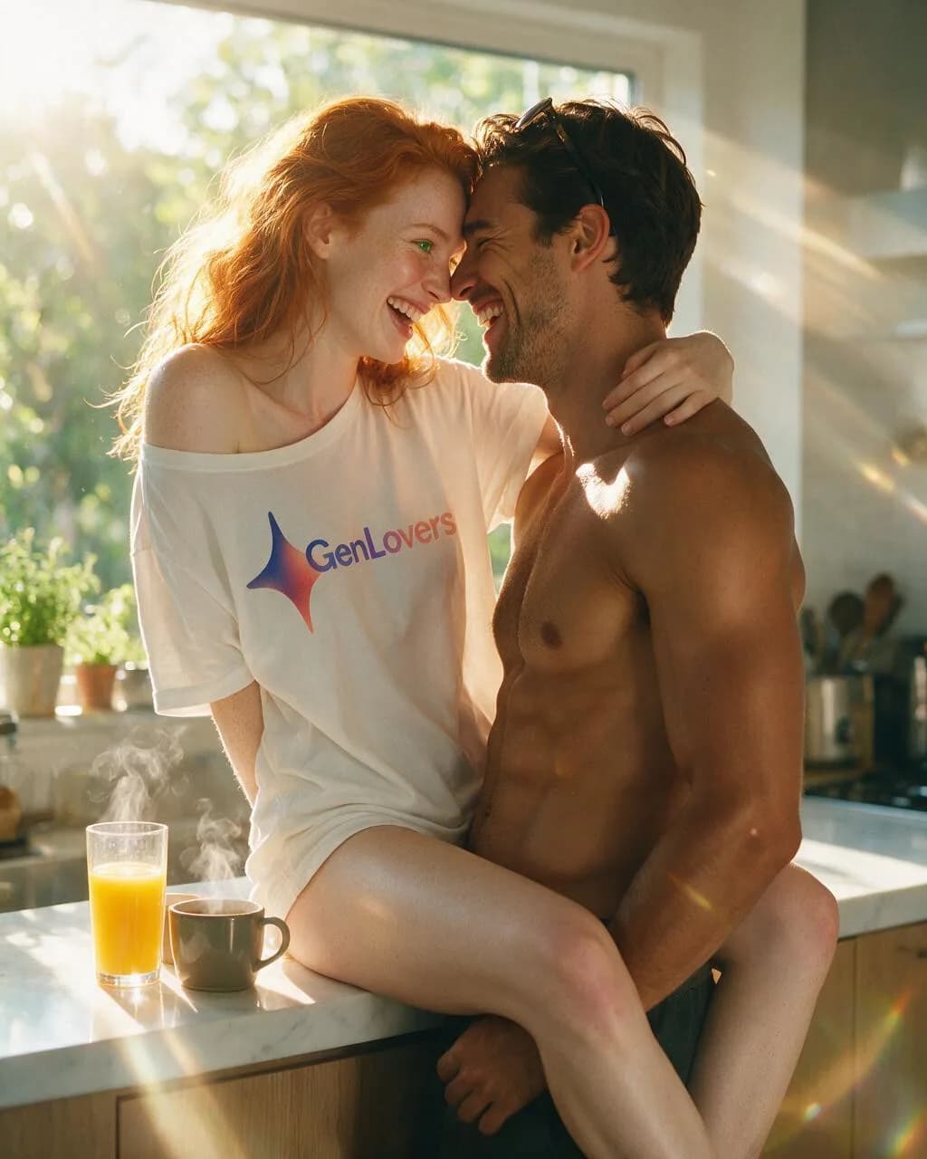 Seedream 5.0 Pro output: a red-haired woman in a GenLovers-branded t-shirt and a man laughing forehead-to-forehead in a kitchen, orange juice and coffee on the counter.