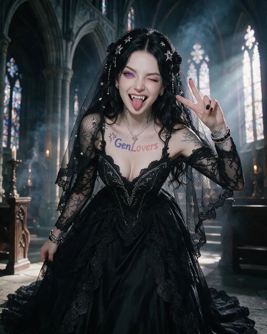 Seedream 5.0 Pro output: a pale gothic bride with a veil in a lace wedding dress, fangs visible, a peace-sign hand, purple eyes, a chest tattoo reading GenLovers.