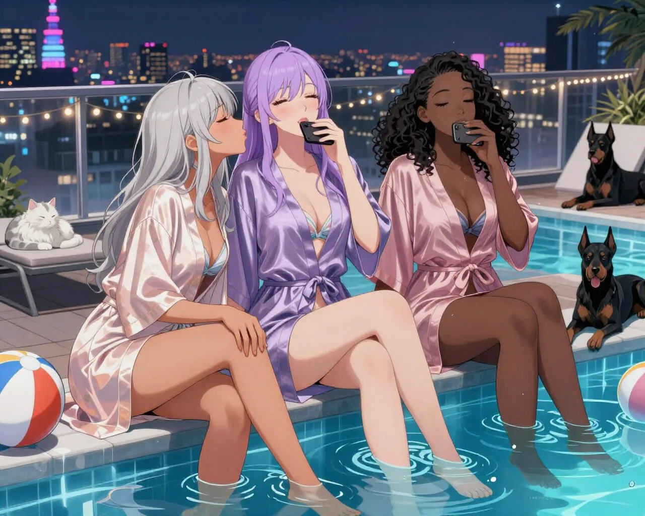 Z-Image Turbo output in anime style: three women in pastel satin robes at the edge of a lit rooftop pool at night, with a white cat and two dark dogs nearby and a neon skyline behind them.