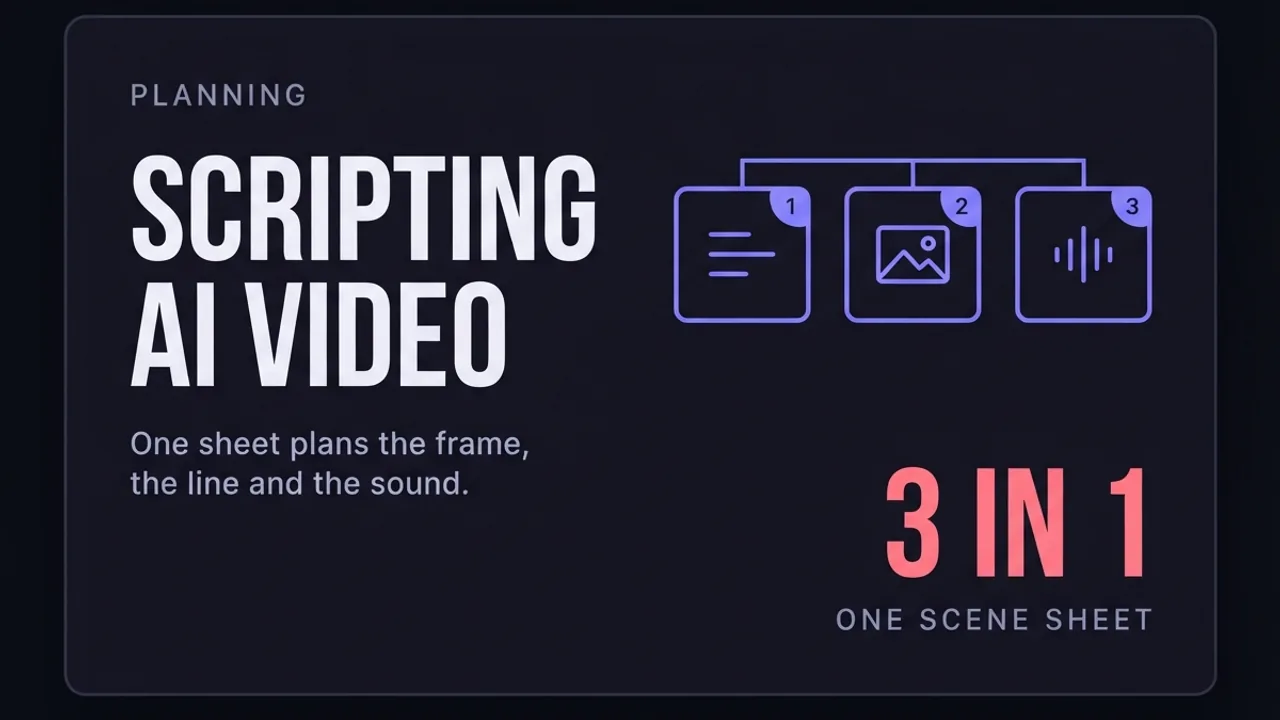 A card for the AI video script writing guide, showing three connected icons for script, image and audio, representing one scene sheet that plans all three.
