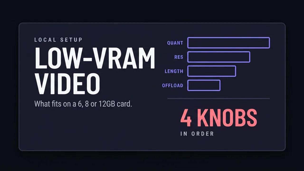 A card for the low-VRAM AI video guide, showing four stacked bars labelled quant, res, length and offload, the four settings that decide whether a model fits on a small card.