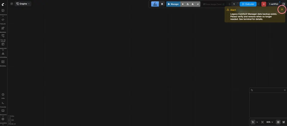 Empty ComfyUI canvas with the alert dialog's close button circled.