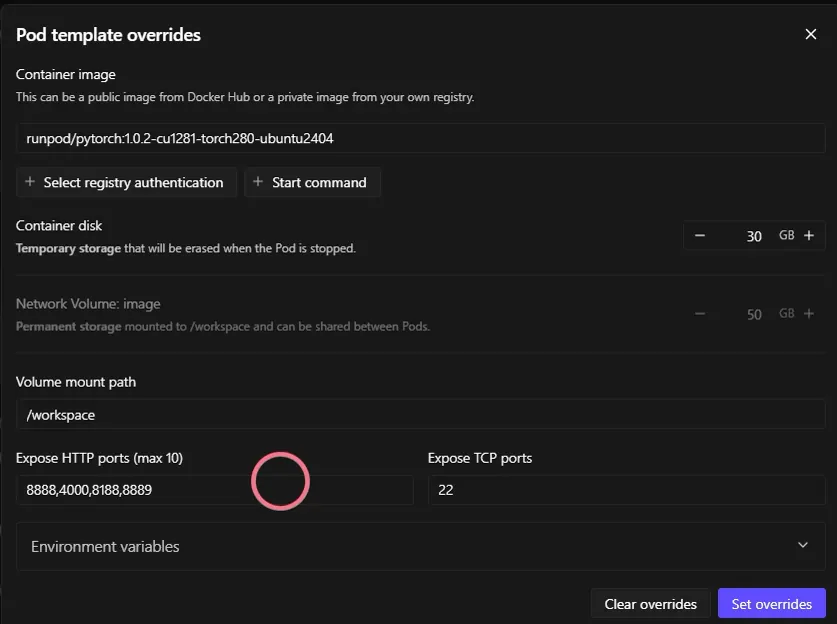 Pod template overrides panel with the Expose HTTP ports field circled.