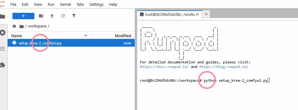 Jupyter Lab file browser with the uploaded setup script circled, and the terminal command to run it circled.