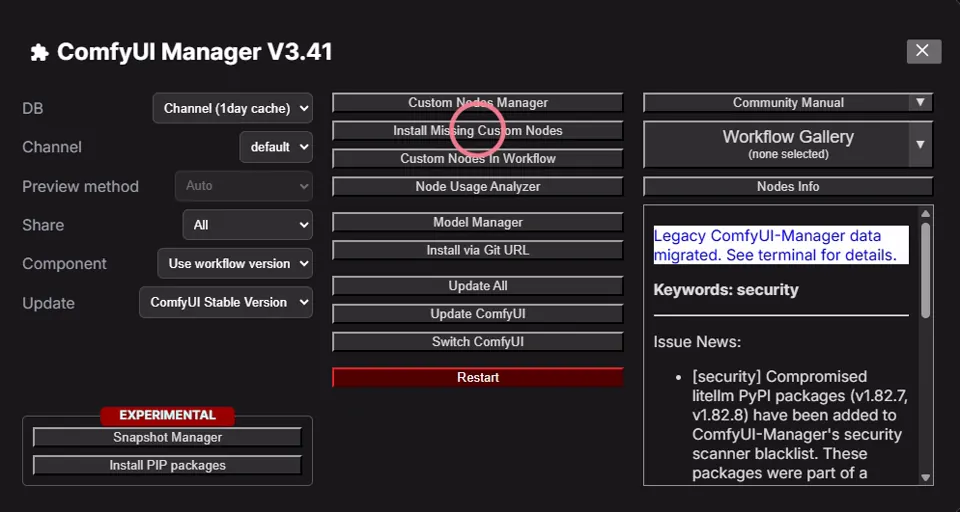 ComfyUI Manager panel with the Install Missing Custom Nodes button circled.