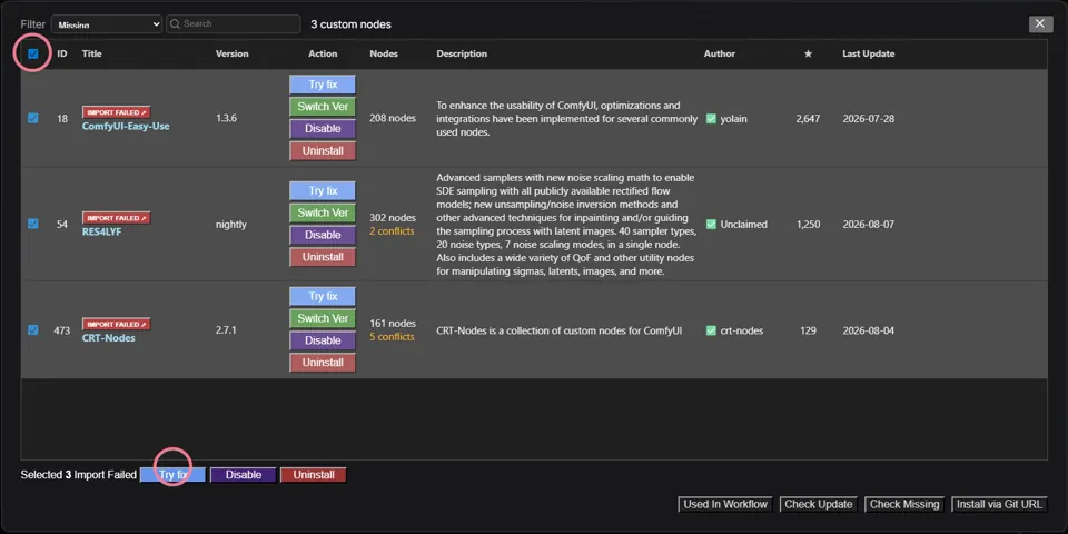Missing custom nodes list with the select-all checkbox and the install button circled.
