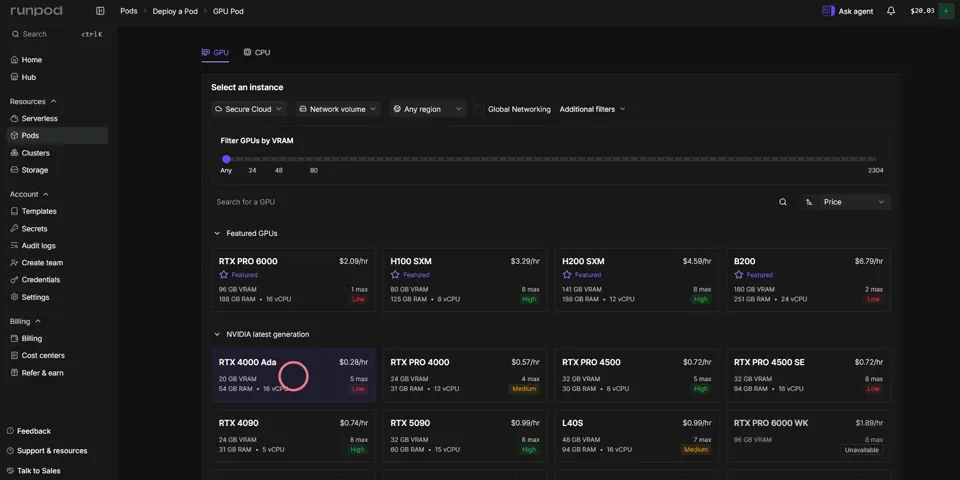 RunPod GPU instance list with the cheapest current-generation card's price and VRAM circled.