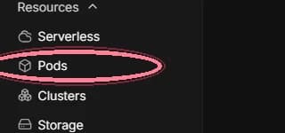 RunPod left navigation with the Pods menu item circled.