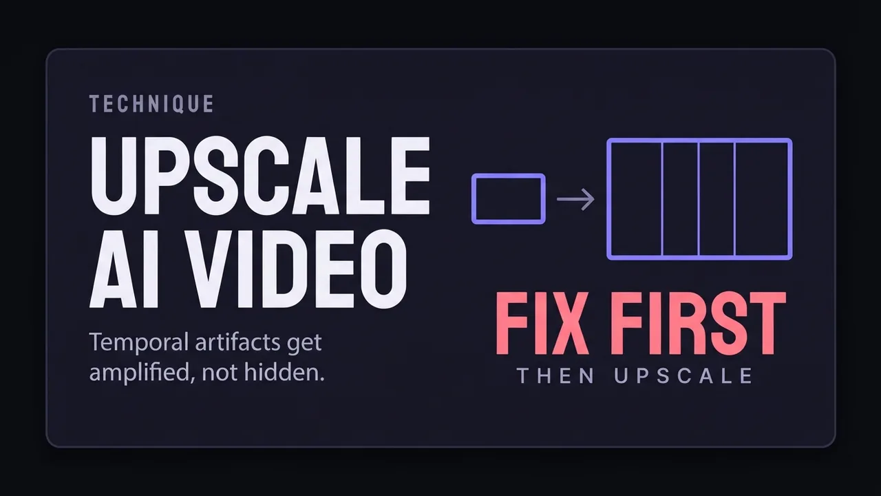 A card for the AI video upscaling guide, showing a small frame enlarged into a larger one where frame-to-frame texture becomes visible.