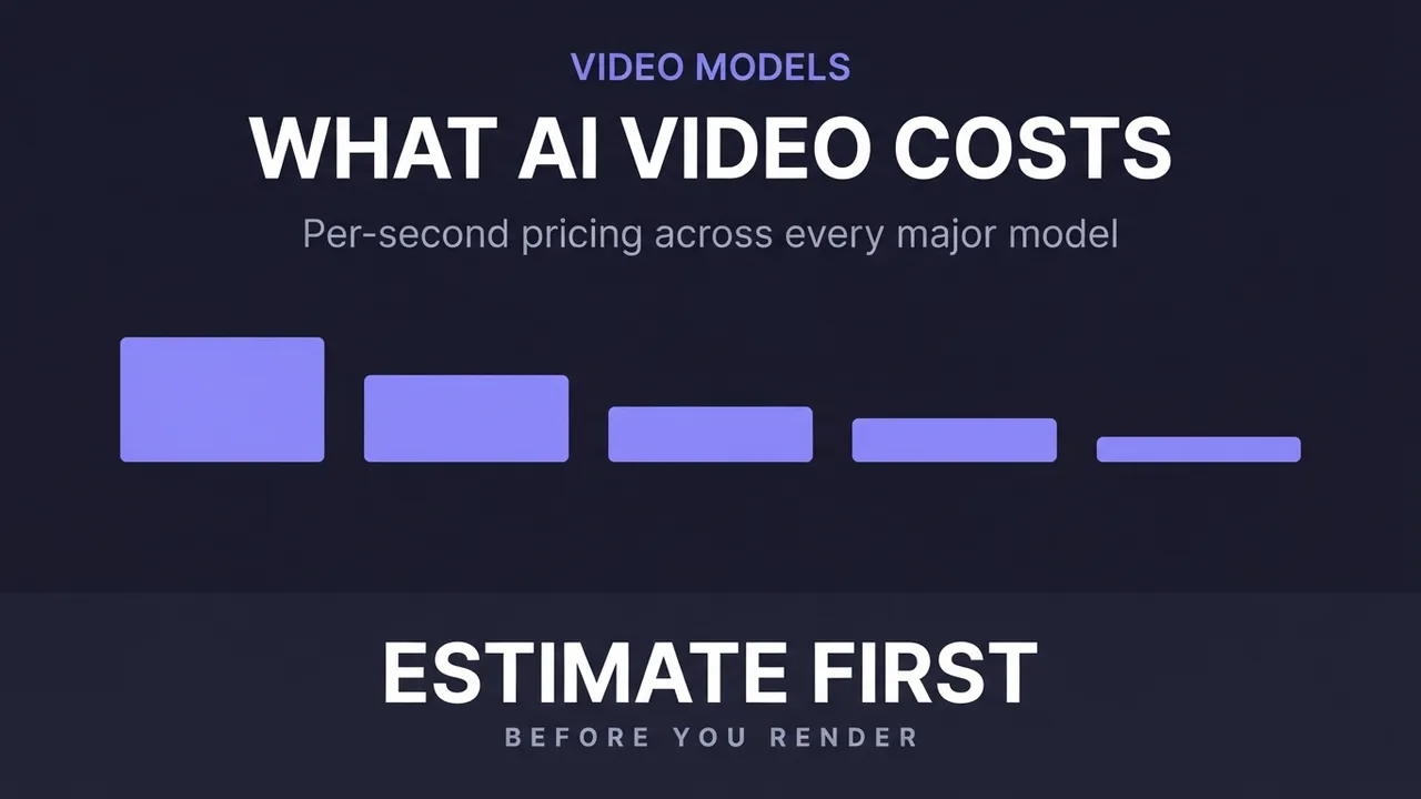 A card for the AI video cost overview guide, showing a spread of per-second rates across several models.