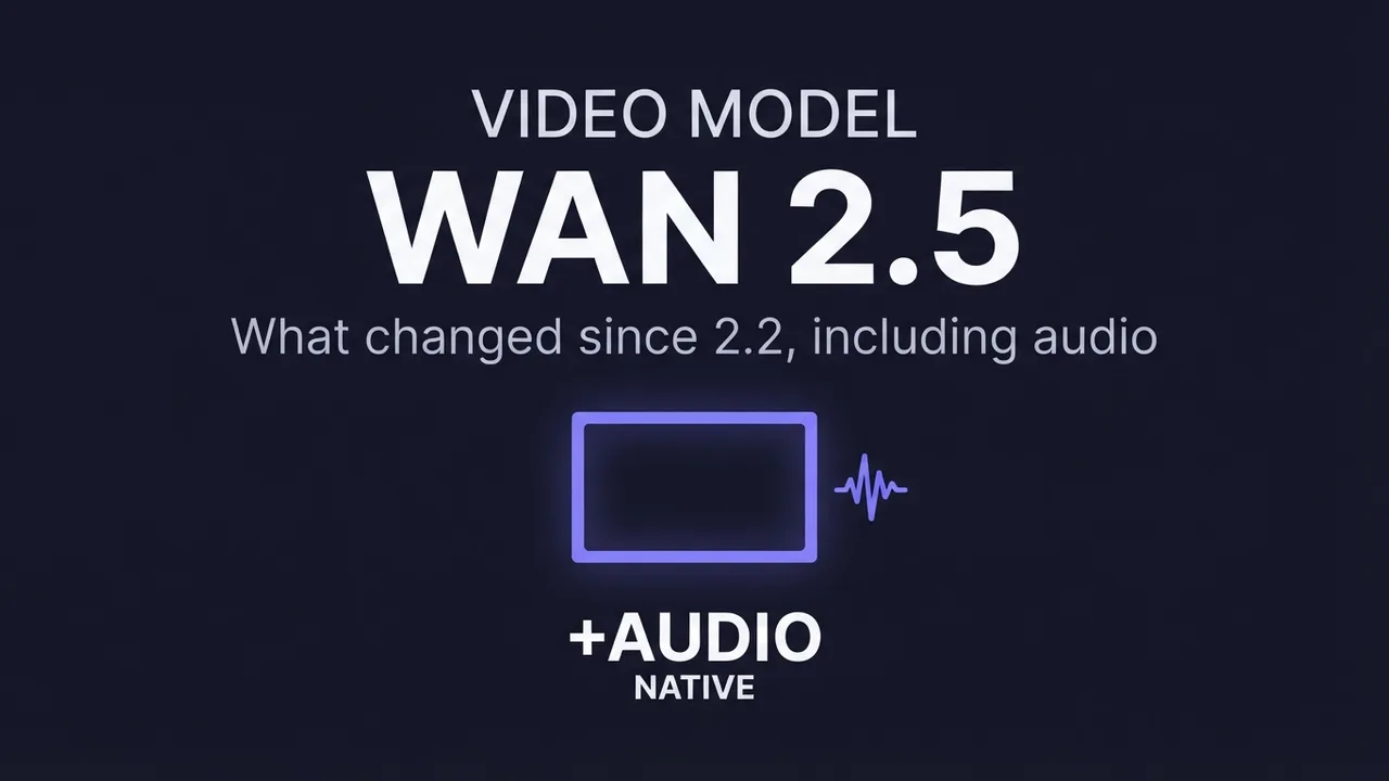 A card for the Wan 2.5 guide, showing a video frame paired with a waveform representing its new native audio.